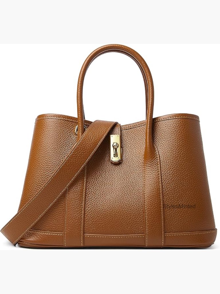 Genuine Leather Medium Satchel Purse With Twist Lock & Wide Strap